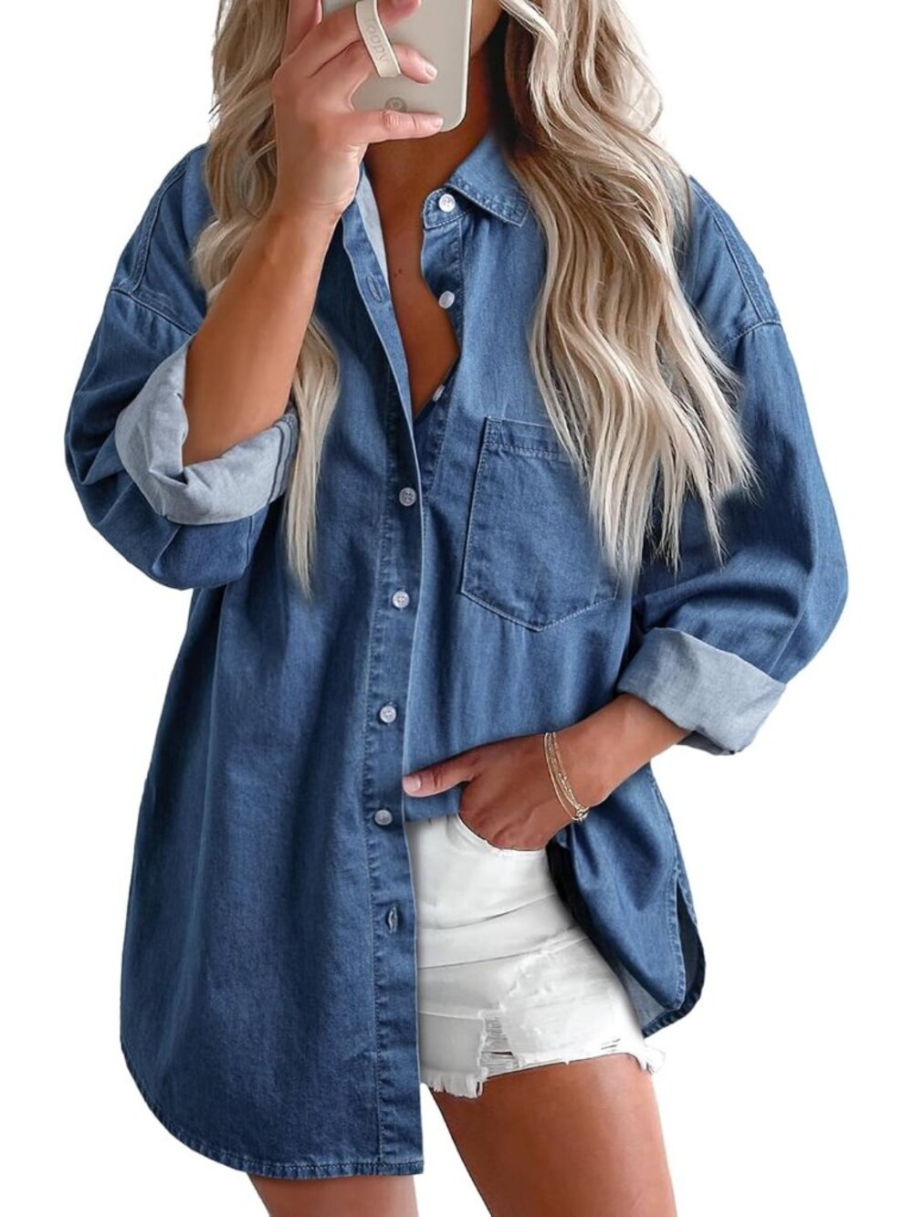 Womens Ashleigh Blue V Neck Long Sleeve Button Down Casual Jean Top Blouse Shirt
